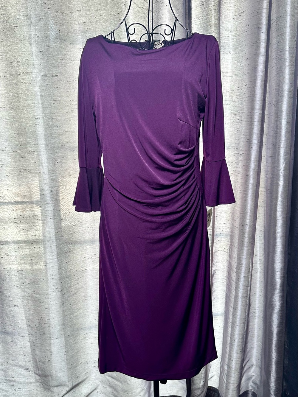 NWT Anne Klein Eggplant Purple Ruched Midi Dress with Bell Sleeves